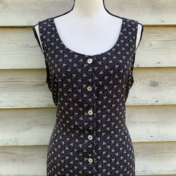 Vintage 90s Black Diamond Monogram Print Button Up Sleeveless Casual Maxi Dress - Picture 7 of 16